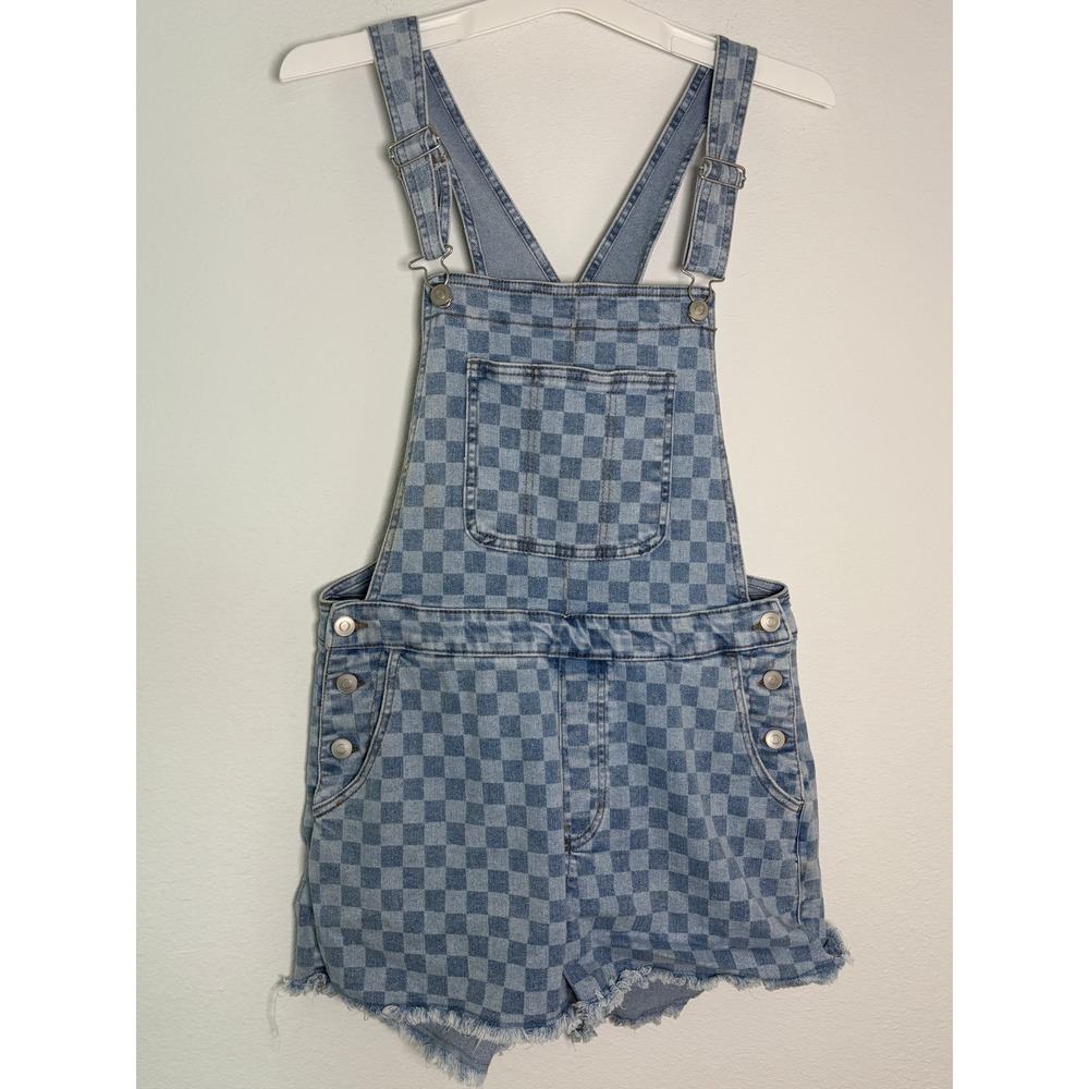 No Boundaries Checkered Denim Shortalls Blue White Plaid Overalls Juniors Medium